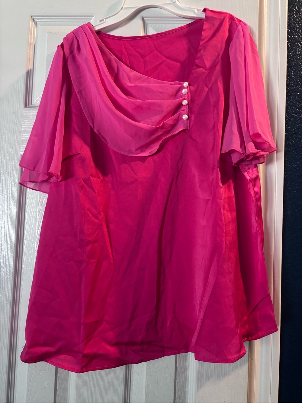 SHEIN Hot Pink Chiffon Draped Blouse with Pearl Buttons - Picture 1 of 6